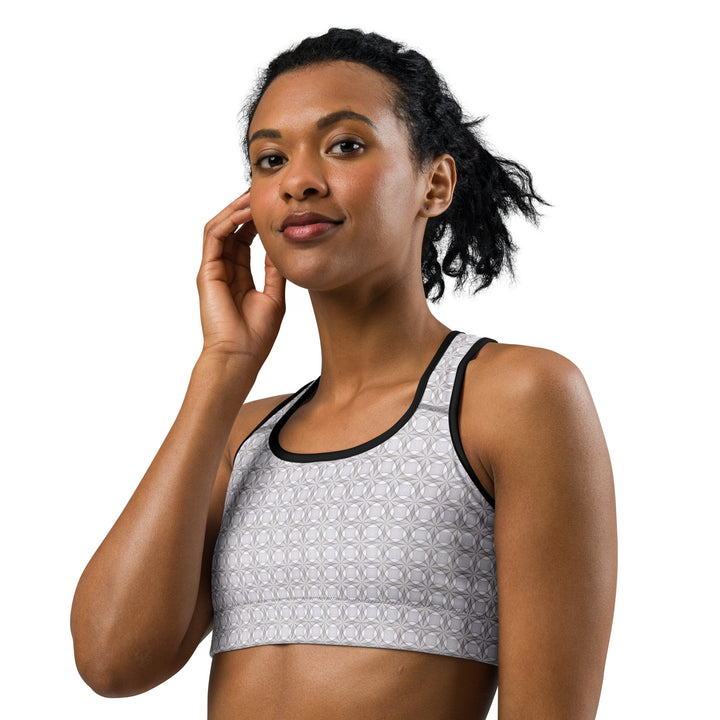 Model smiling in Netra bra – visionary top for yoga, raves, and everyday expression