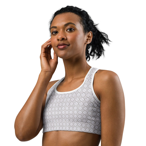 Model wearing Netra psychedelic sports bra – ideal for yoga, raves, and expressive festival fashion