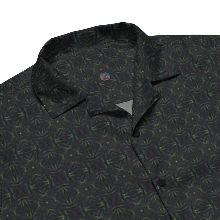 Collar close-up of NEXORA shirt – intricate geometry and visionary patterns for conscious style.