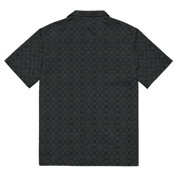 Flat back of NEXORA button down – spiritual rave shirt with fluid sacred geometry and visionary vibes.