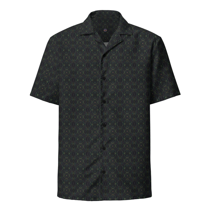 Front view of NEXORA psychedelic button down shirt – futuristic sacred geometry for rave fashion.