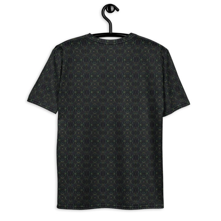 Hanging back view of Nexora tee – geometric patterns with high-vibe aesthetics for modern festival style.