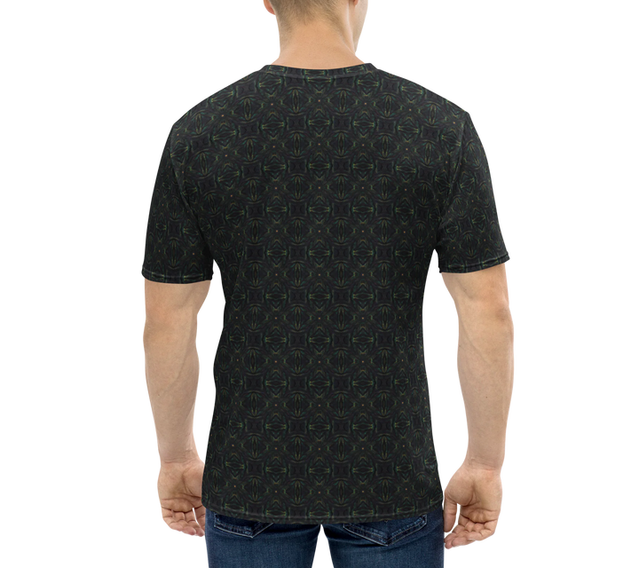 Back view of model in Nexora tee – bold visionary art meets spiritual expression.