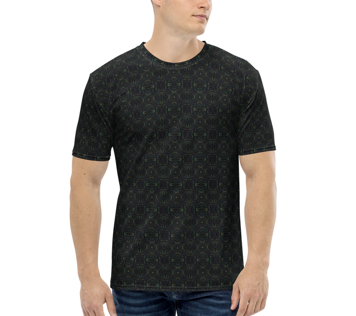 Model wearing Nexora shirt – futuristic sacred geometry design for psychedelic rave and streetwear.