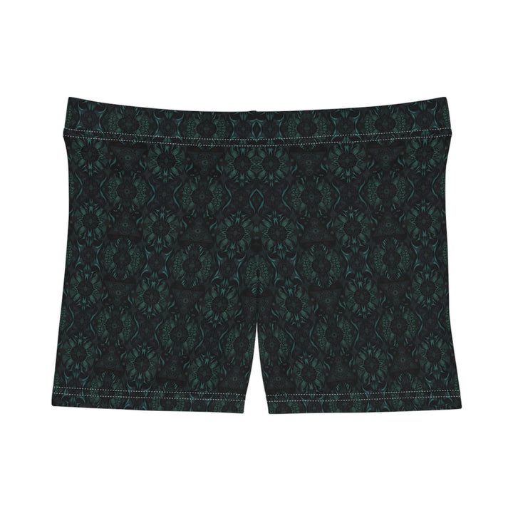 Flat front layout of Lumora psychedelic shorts leggings – sleek design with radiant cosmic print.