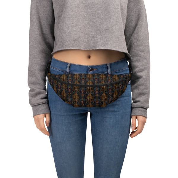 Model wearing Psybear waistbag – colorful psychedelic accessory perfect for raves, festivals, and visionary fashion