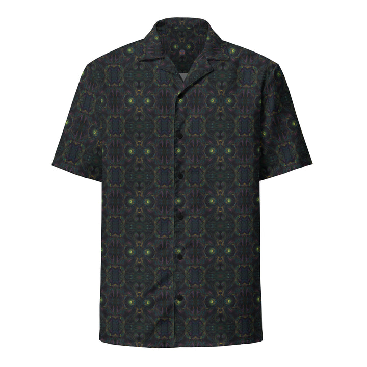 Front view of Psybot button down shirt – futuristic robot design with psychedelic cyber patterns.