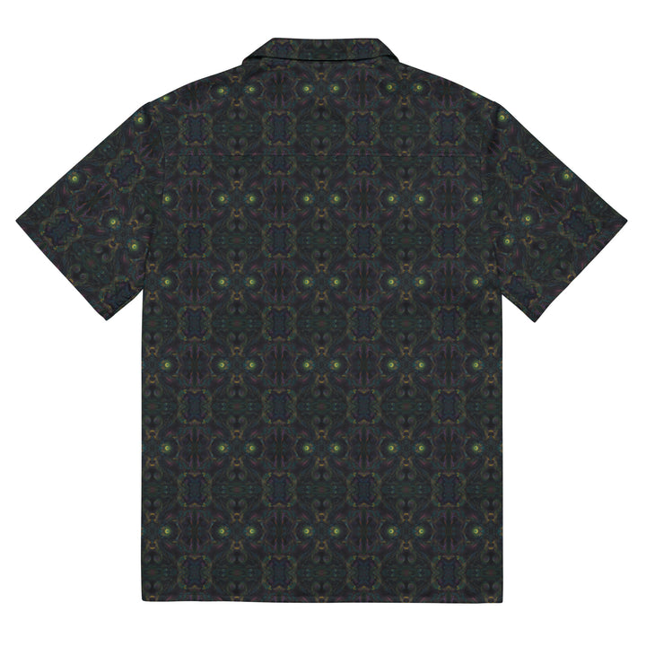 Flat back view of Psybot shirt – geometric tech patterns with a mystical robotic feel.