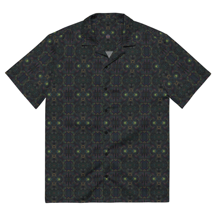 Flat front view of Psybot shirt – psychedelic cyber look for festival goers and EDM culture.