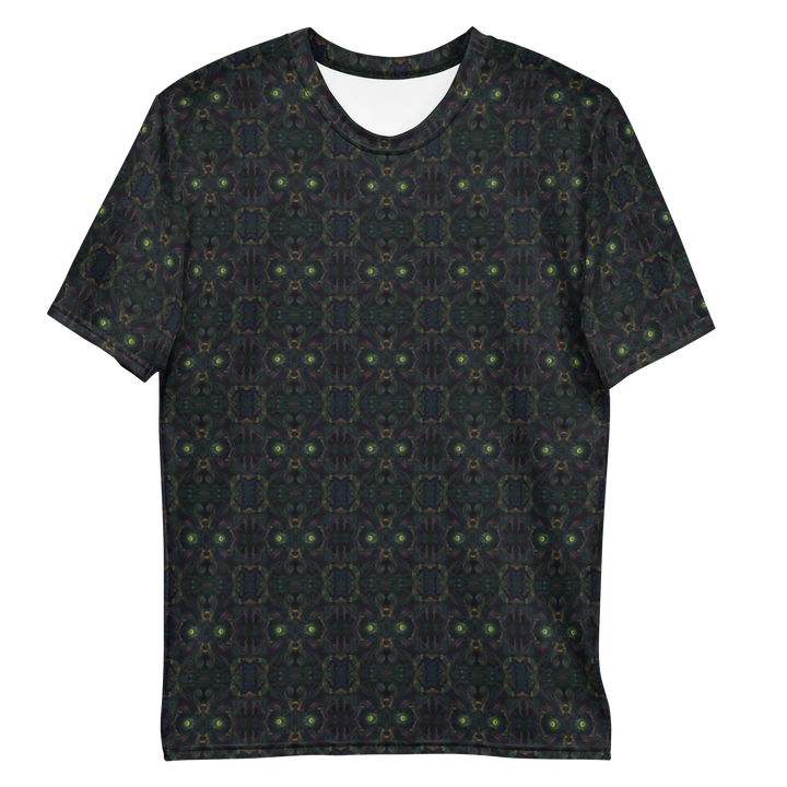 Flat lay of front Psybot t-shirt – futuristic sacred robot style for festival fashion.