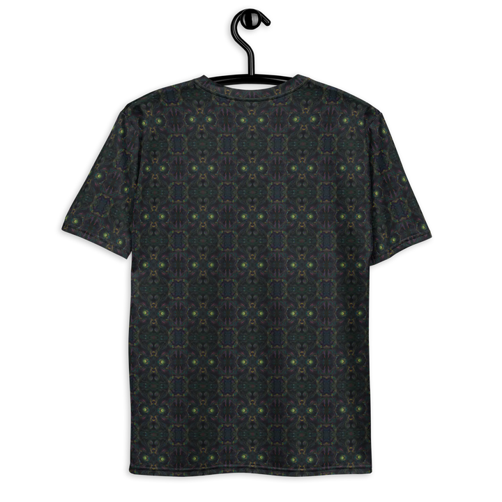 Hanging back view of Psybot shirt – trippy techno-robot style with sacred geometry details.