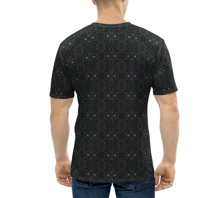 Back view of Psybot shirt on model – cybernetic sacred art meets futuristic tribal ravewear.