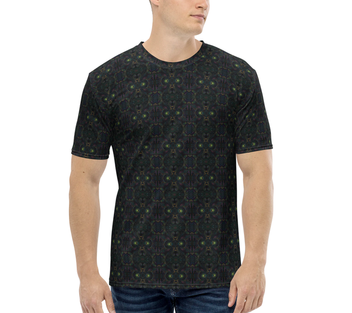Model wearing the Psybot tee – fusion of robot art and psychedelic patterns for EDM festivals.