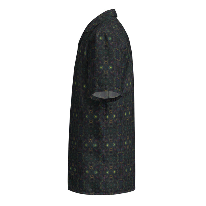 Left side angle of Psybot button down – visionary robotic patterns for bold and creative wearers.