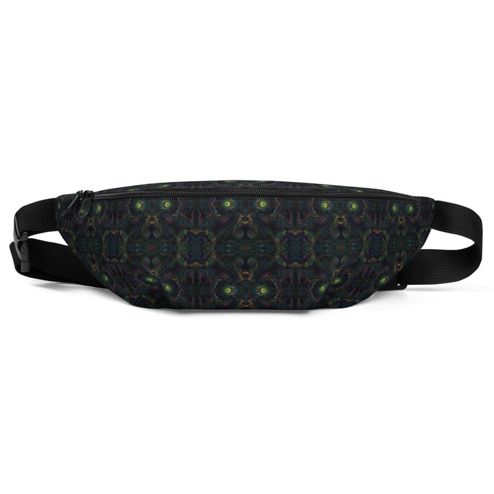 Flat front view of Psybot waistbag – robotic-inspired psychedelic art for festival fashion and EDM events
