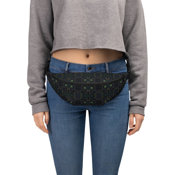 Model wearing Psybot waistbag – futuristic psychedelic design perfect for raves, festivals, and visionary streetwear