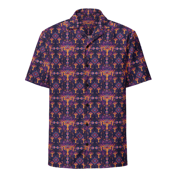 Mushdalla front view – button down shirt with trippy mandala art and mystical mushroom fusion.