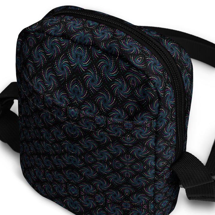 Angled shot of Dotadelic bag – bold geometric design in black and blue, ideal for rave use
