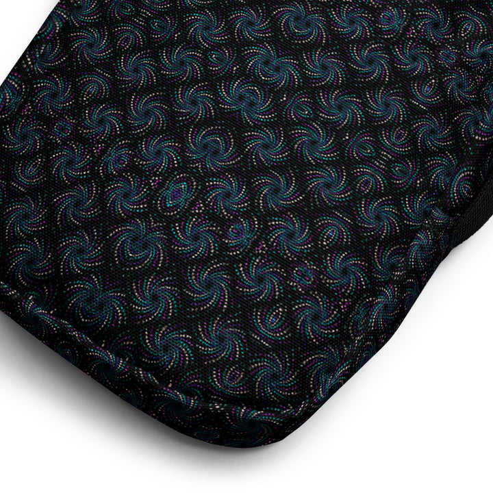 Close-up of Dotadelic BlackBlue fabric – sacred geometry in psychedelic black and blue colors