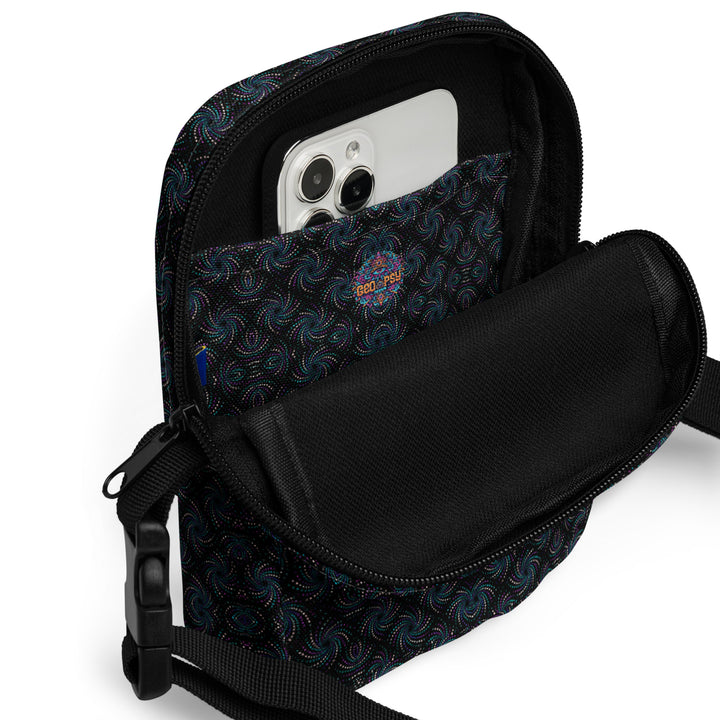 Inside Dotadelic BlackBlue bag – space for essentials, ideal for festivals, raves and events