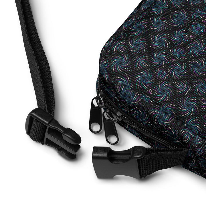 Zipper and strap detail – Dotadelic BlackBlue crossbody bag with durable, adjustable fit