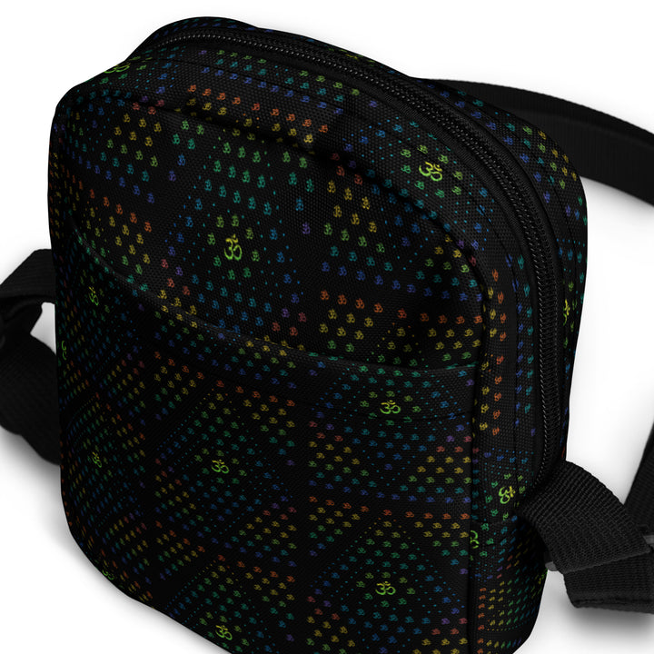 Angled shot of GeOm Black bag – trippy festival geometry in dark psychedelic tones
