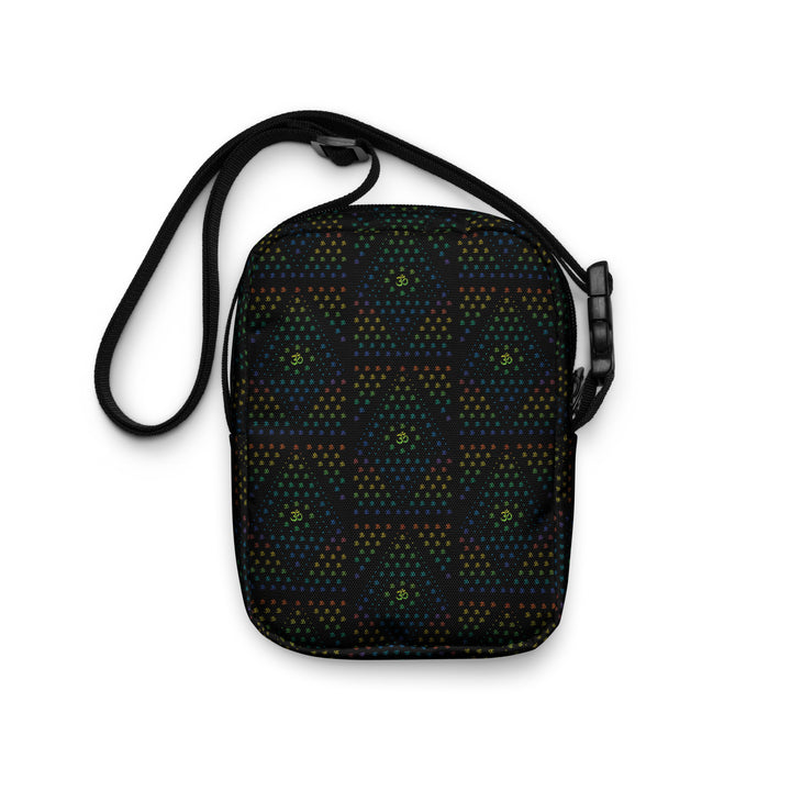 Back view of GeOm Black crossbody – sleek sacred geometry print for visionary fashion lovers