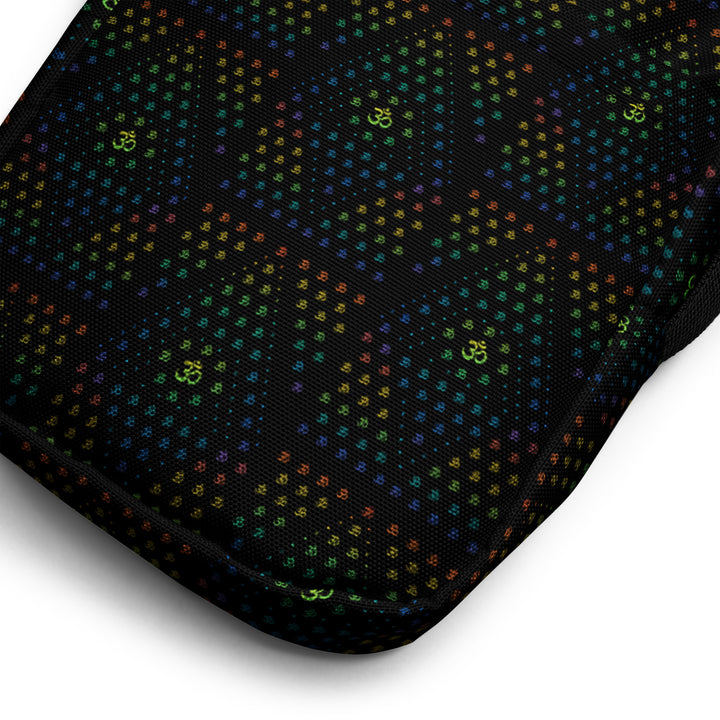 Close-up of GeOm Black fabric – detailed sacred geometry on dark base, perfect for ravewear