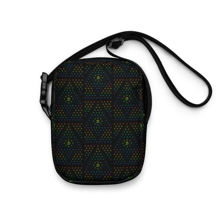 Front of GeOm Black bag – compact psychedelic crossbody with geometric rave design