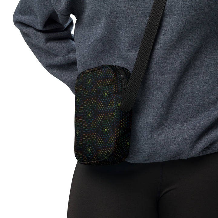 GeOm Black side view – bold sacred geometry crossbody bag for rave fashion and streetwear