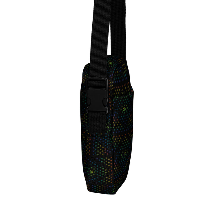 Right side of GeOm Black festival bag – visionary crossbody for rave culture and spiritual style