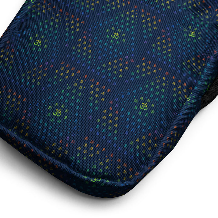 Close-up of GeOm bag fabric – sacred geometry pattern in vibrant, visionary style