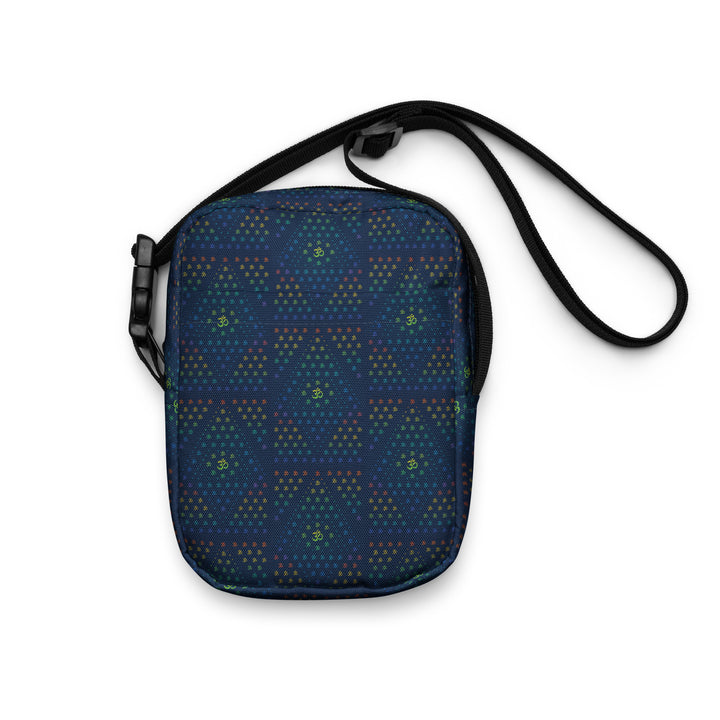 Front view of GeOm sacred geometry crossbody bag – compact, bold, and rave-ready