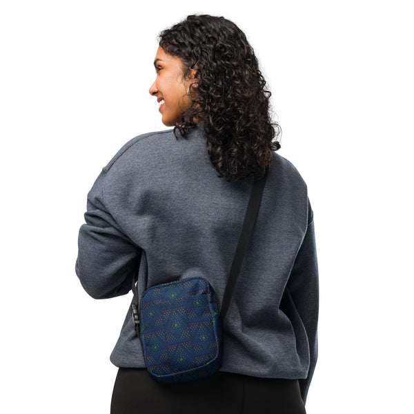 Women wearing GeOm psychedelic crossbody bag – sacred geometry print perfect for festivals and travel
