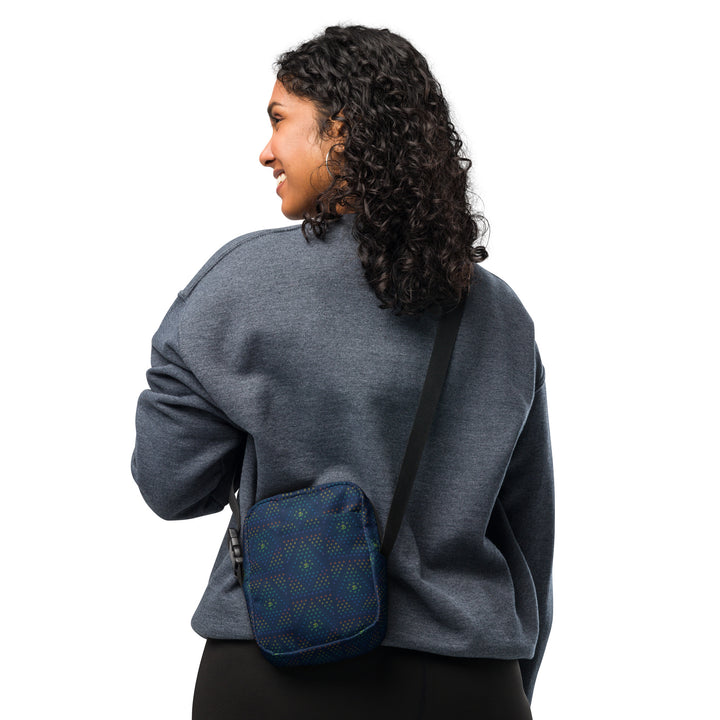 Women wearing GeOm psychedelic crossbody bag – sacred geometry print perfect for festivals and travel