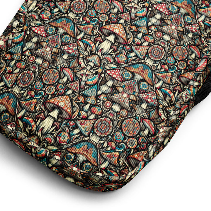 Close-up of Geomush bag fabric – sacred geometry print in vivid colors on dark background