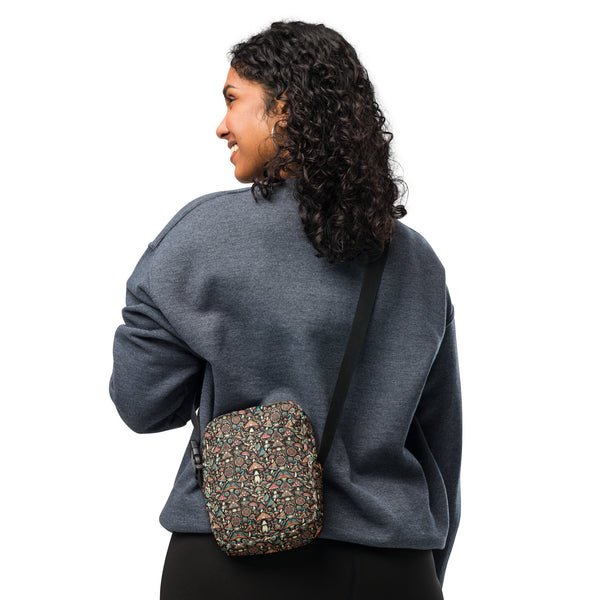 Man wearing Geomush psychedelic crossbody bag with sacred geometry – perfect for festivals and travel