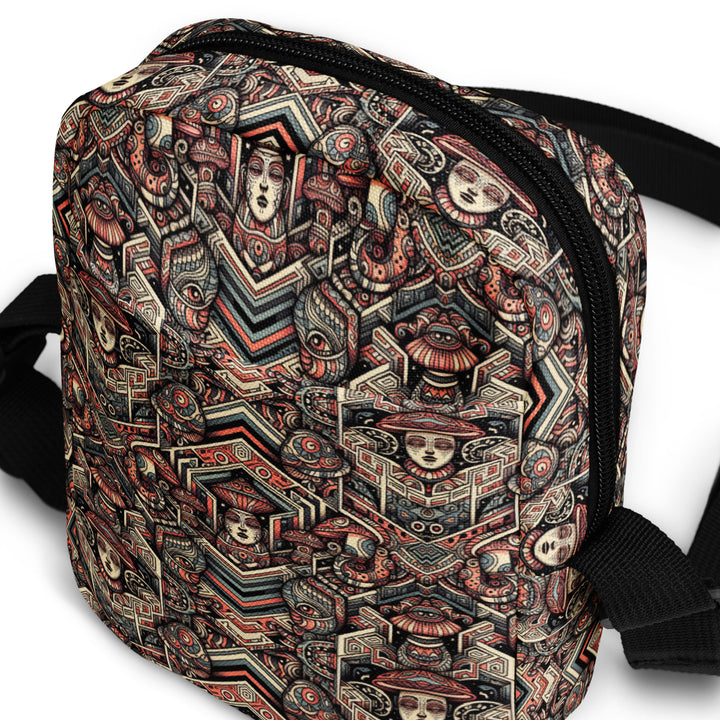 Angled shot of GEOTRIBE psychedelic bag – geometric tribal pattern with rave vibes