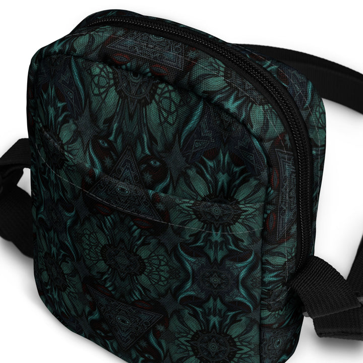 Angled shot of Lumora crossbody festival bag – vibrant geometric print with spiritual vibes