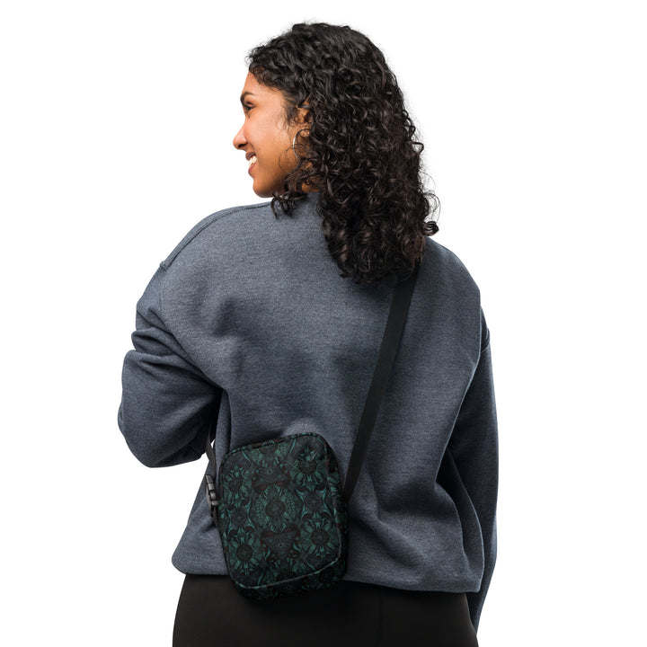 Person wearing Lumora psychedelic crossbody bag with sacred geometry – ideal for festivals and everyday adventures