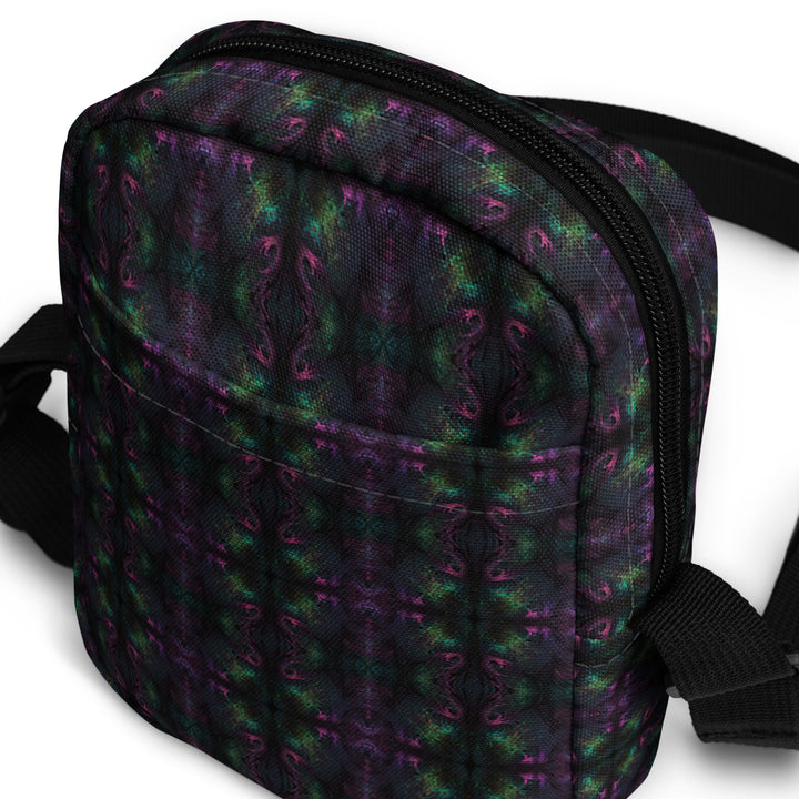 Angled shot of Nebulith bag – cosmic geometry design with spiritual vibes for visionary travelers
