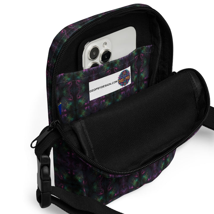 Inside Nebulith bag with essentials – functional psychedelic crossbody for festivals and movement