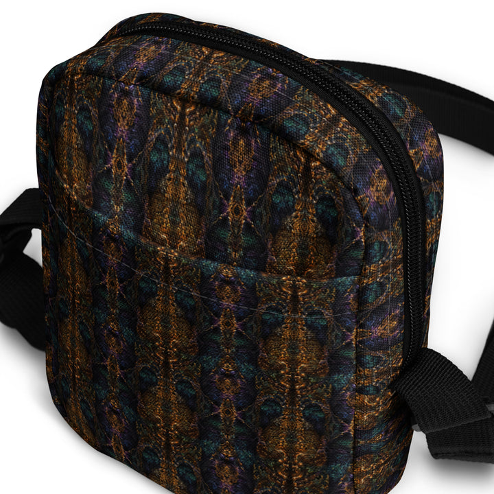 Angled shot of Psybear crossbody bag – visionary print with spiritual rave energy