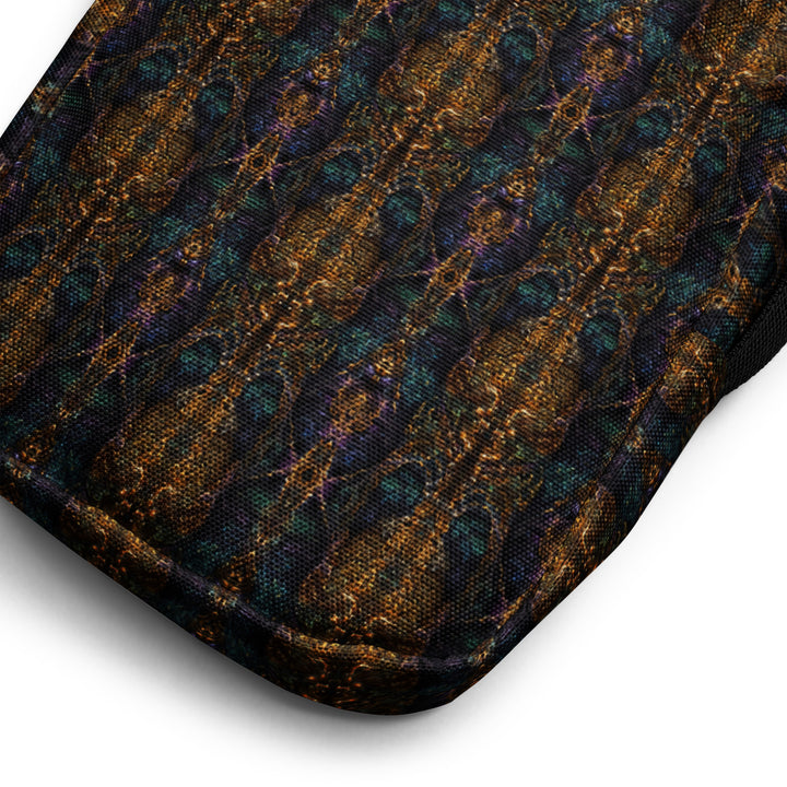 Close-up of Psybear fabric – sacred geometry details in glowing psychedelic colors
