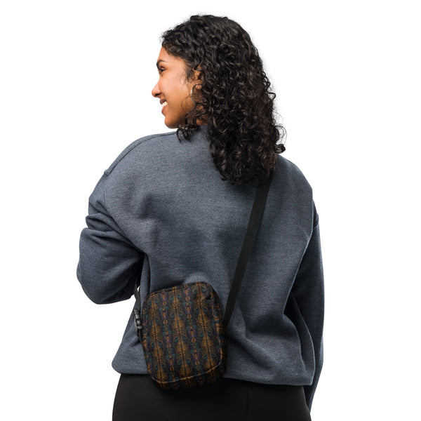 Person wearing Psybear psychedelic crossbody bag – bold sacred geometry style for raves and travel