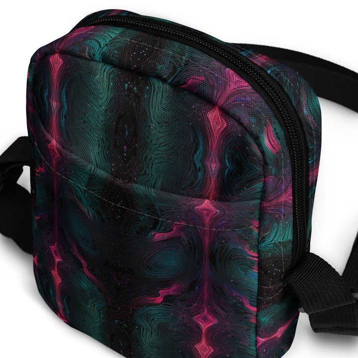 Angled view of Psylien psychedelic bag – futuristic sacred style, ideal for raves and creative explorers