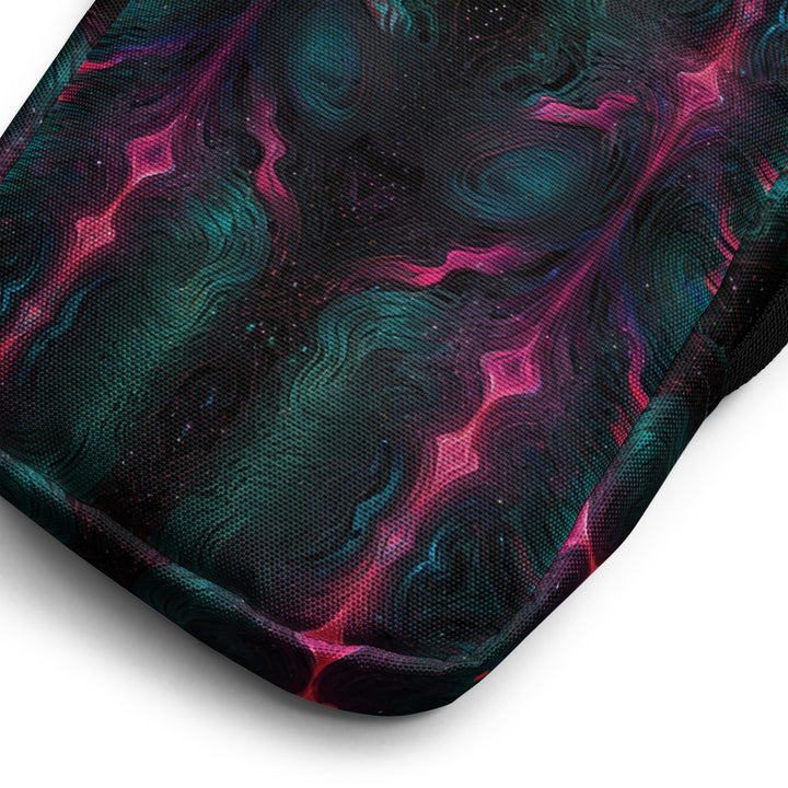 Close-up of Psylien bag fabric – alien sacred geometry print in radiant neon for high-vibe fashion
