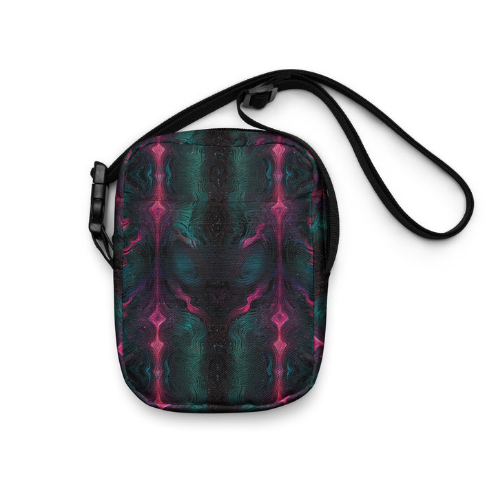 Front view of Psylien crossbody – compact festival bag with trippy alien geometry and rave energy