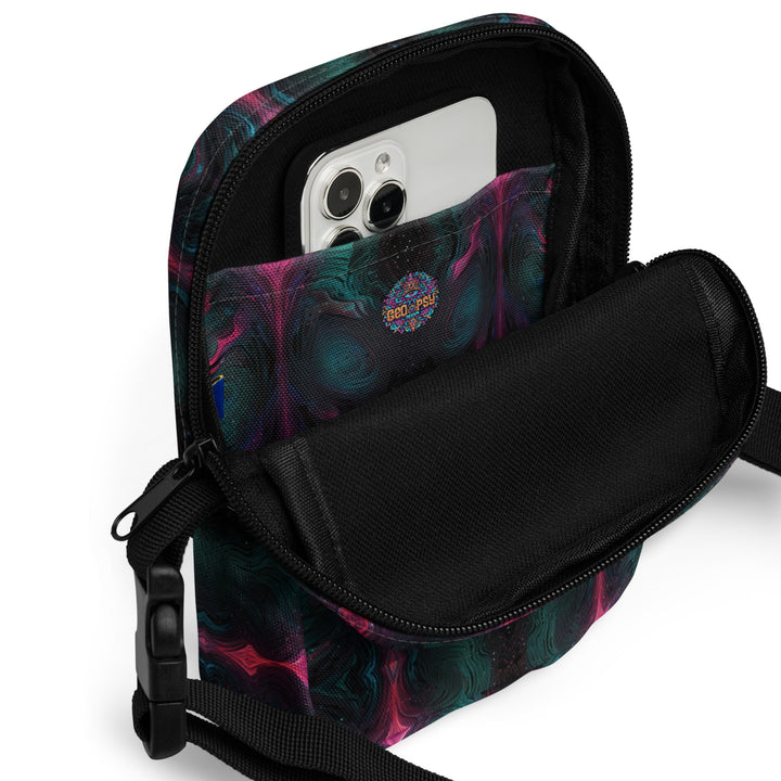 Inside Psylien bag – practical and lightweight psychedelic crossbody for travel, essentials, and events