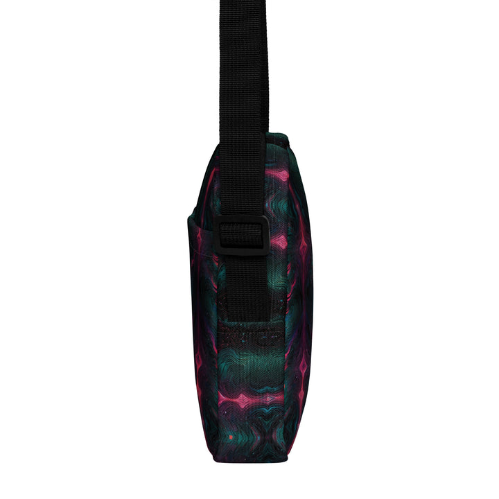 Left view of Psylien crossbody – bold sacred geometry design for festivals and psychedelic streetwear
